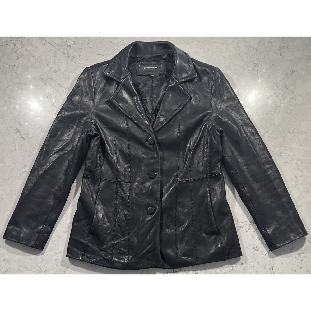 VTG 90s Jones New York Genuine Leather Jacket Blazer Womens Large Black Y2K